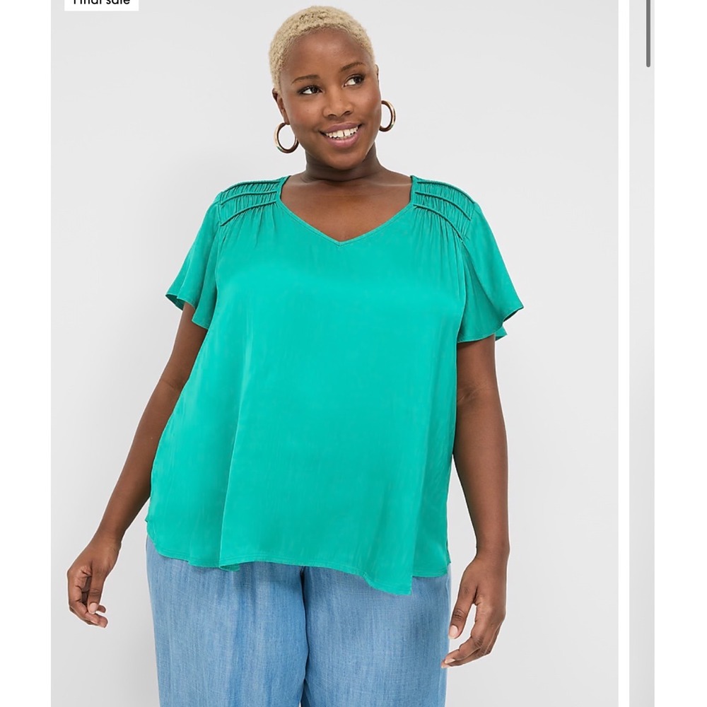 Lane Bryant Satin Smocked Shoulder Blouse Teal Flutter Sleeve NWT 18/20 Plus